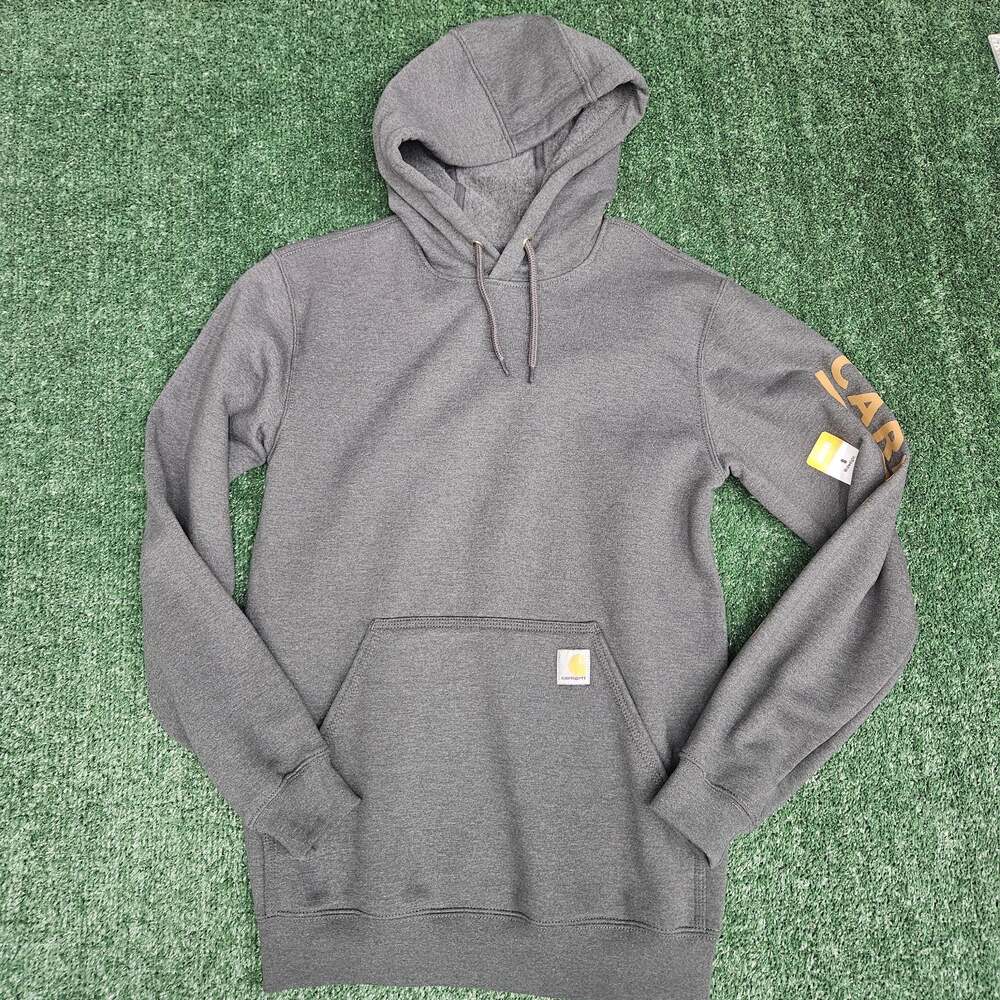 Carhartt Hoodie Midweight Sweatshirt Loose Fit Spellout Logo Sleeve Mens Small